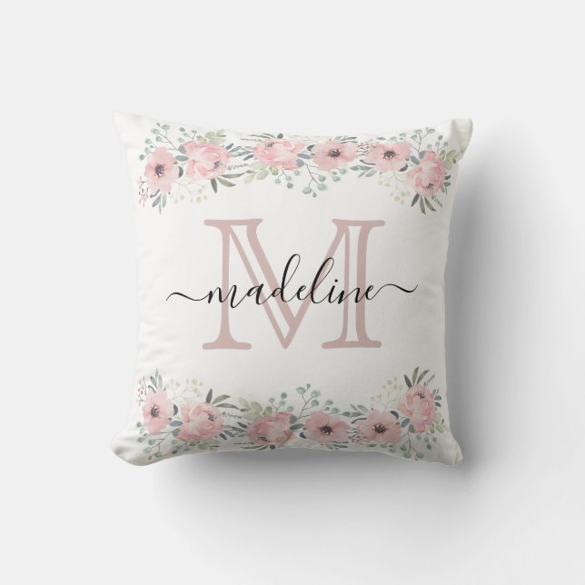 Modern Elegant Blommigt  Rosa Monogram Kudde (Framsida)