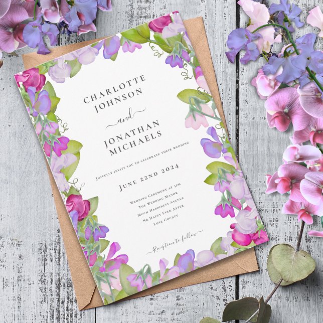 Modern Elegant Blommigt vattenfärg Inbjudningar (Modern garden florals pink purple sweetpea watercolor wedding invitation )