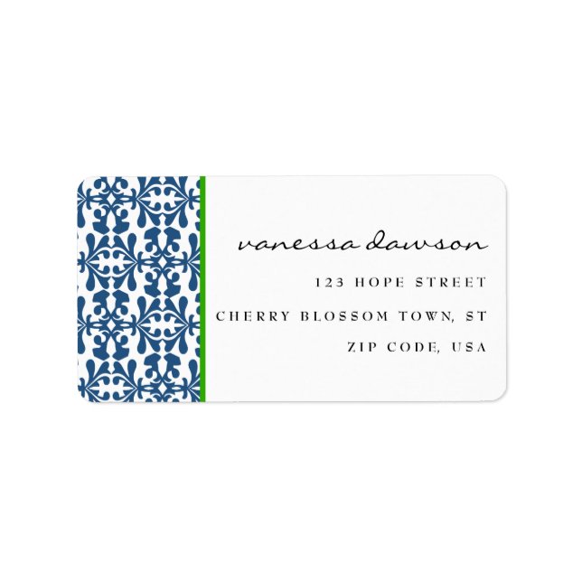 Modern Elegant Blue Arabesque Damask Personlig Adressetikett (Framsidan)