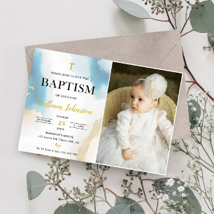Modern Elegant Blue Baptism Photo Inbjudningar