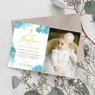 Modern Elegant Blue Baptism Photo Inbjudningar