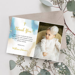 Modern Elegant Blue Baptism Photo - tackkort Inbjudningar