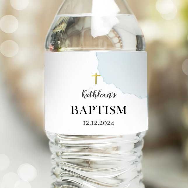 Modern Elegant Blue Baptism Vattenflaskor Etikett (Skapare uppladdad)