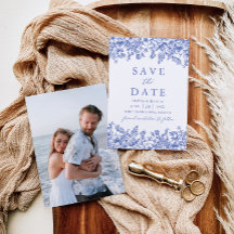 Modern Elegant Blue Blommigt Photo Save Date