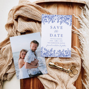 Modern Elegant Blue Blommigt Photo Save Date Inbjudningar