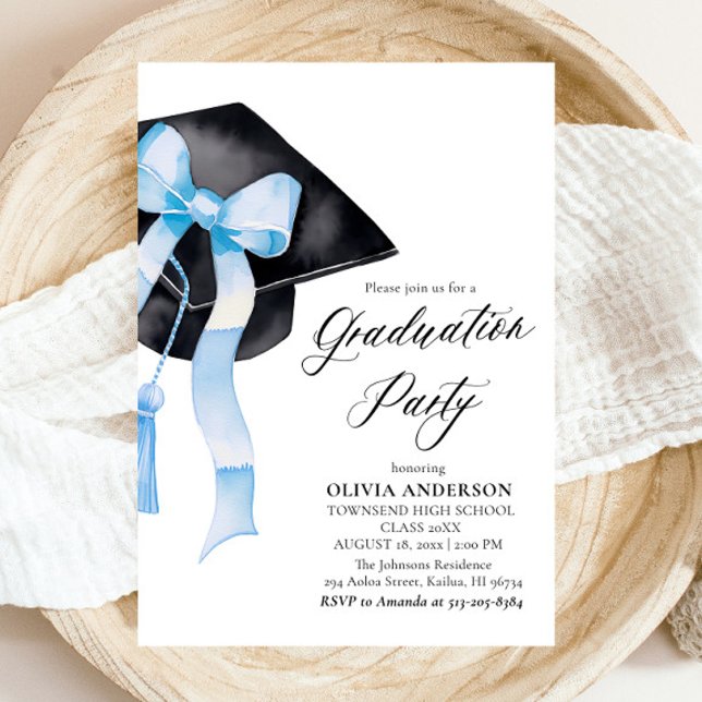 Modern Elegant Blue Bow Studentmössa Studenten Inbjudningar (Watercolor Modern Elegant Trendy Stylish Blue Bow Graduation Invitation)