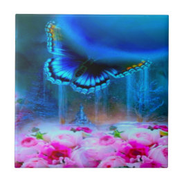 Modern elegant blue butterfly-rosa ros-design kakelplatta