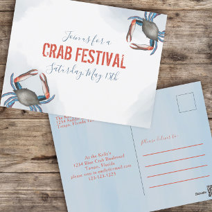 Modern Elegant Blue Crab Minimalist Watercolor Vykort