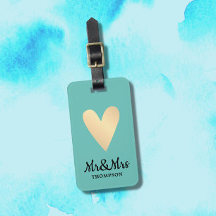 Modern Elegant Blue Faux Guld Heart Mr&Mrs. Bagagebricka