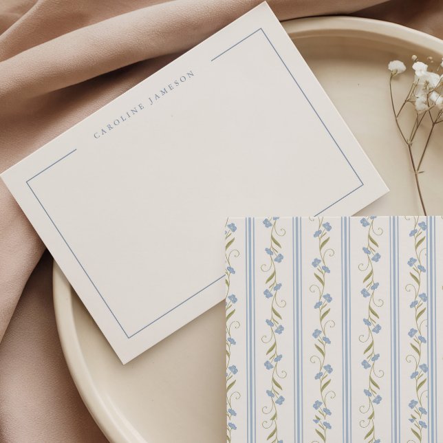 Modern Elegant Blue Floral Flat Note Card Anteckningskort (Skapare uppladdad)