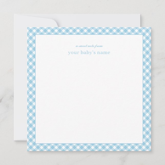 Modern Elegant Blue Gingham Baby Nursery Note Card Anteckningskort (Framsida)