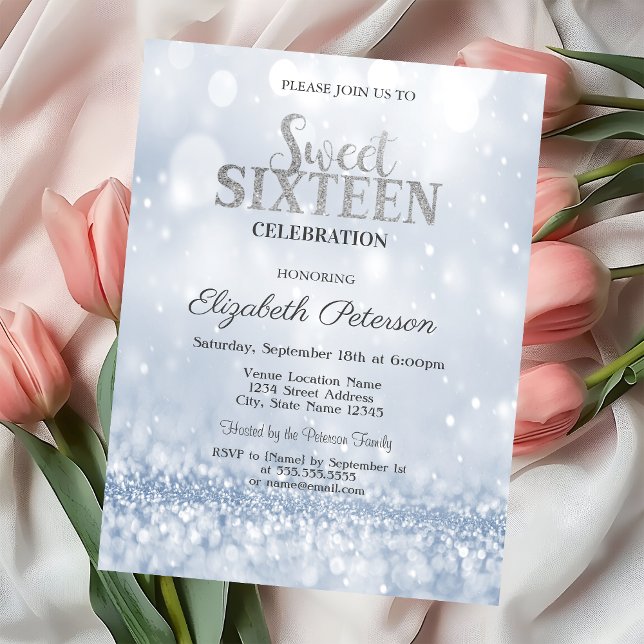 Modern Elegant Blue Glitter Bokeh Sweet 16 Inbjudningar (Skapare uppladdad)