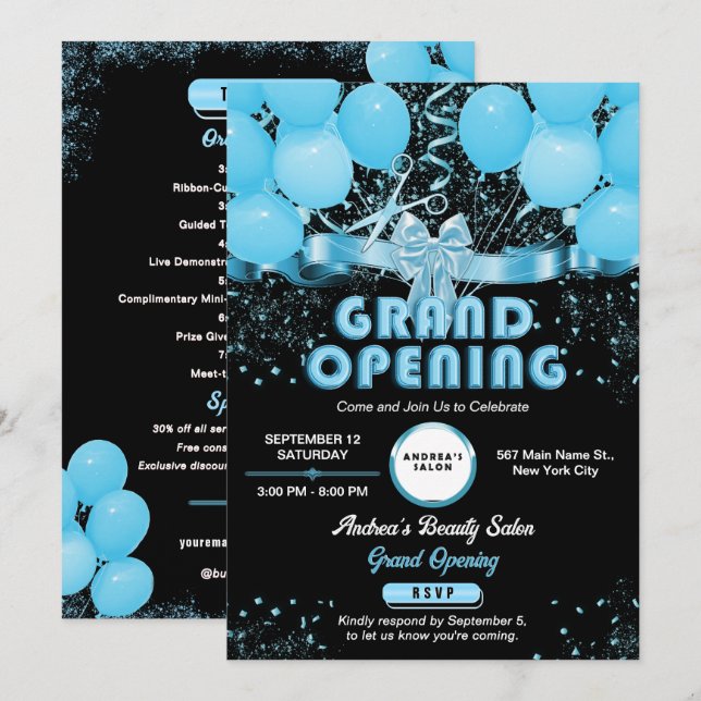 Modern Elegant Blue Grand Business Open Anpassning Inbjudningar (Fram/baksida)