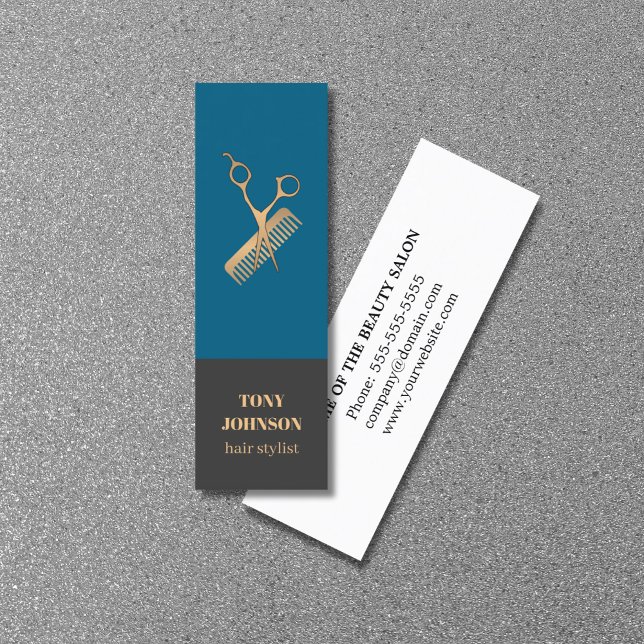 Modern Elegant Blue Grått Faux Guld Sissors Comb Mini Visitkort (Skapare uppladdad)