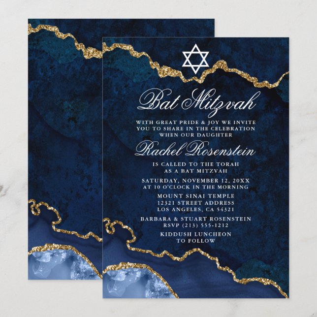 Modern Elegant Blue Guld Marble Geode Bat mitzvah Inbjudningar (Fram/baksida)