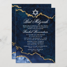 Modern Elegant Blue Guld Marble Geode Bat mitzvah Inbjudningar