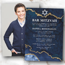 Modern Elegant Blue Guld Marble Pub Mitzvah Photo Inbjudningar