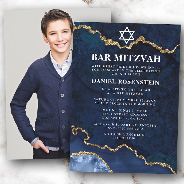 Modern Elegant Blue Guld Marble Pub Mitzvah Photo Inbjudningar (Customize to change text size or text style.)
