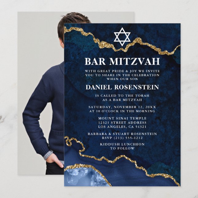 Modern Elegant Blue Guld Marble Pub Mitzvah Photo Inbjudningar (Fram/baksida)