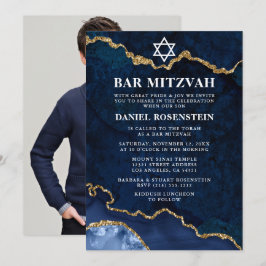 Modern Elegant Blue Guld Marble Pub Mitzvah Photo Inbjudningar