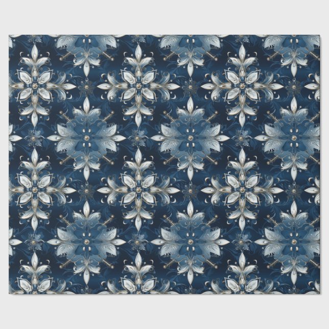 Modern Elegant Blue Jeweled Snöflingor Presentpapper (Seam)