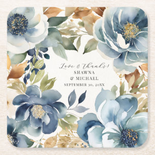 Modern Elegant Blue och Guld Fall Blommigt Bröllop Underlägg Papper Kvadrat