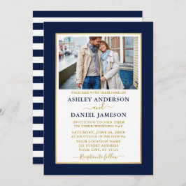 Modern Elegant Blue Stripe Guld Bröllop Inbjudningar