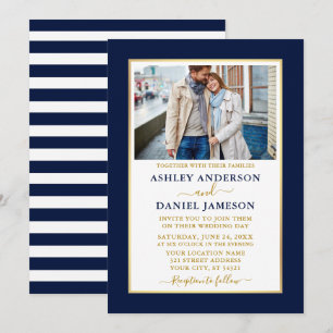 Modern Elegant Blue Stripe Guld Bröllop Inbjudningar