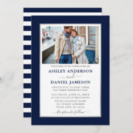 Modern Elegant Blue Stripe Silver Bröllop Inbjudningar