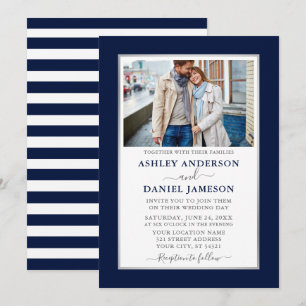 Modern Elegant Blue Stripe Silver Bröllop Inbjudningar