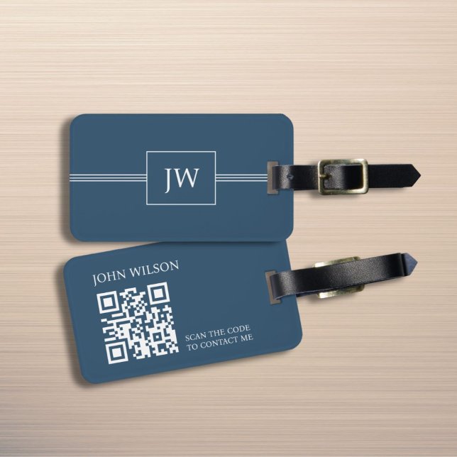 Modern Elegant Blue White Monogram QR-kod Bagagebricka (Skapare uppladdad)