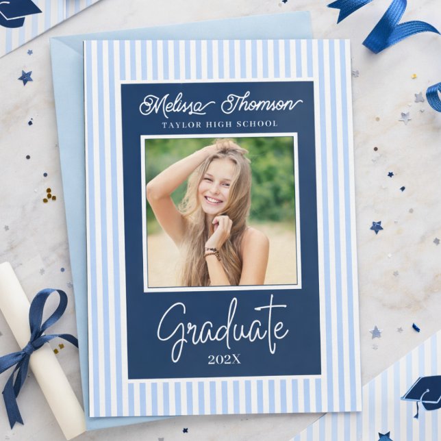 Modern Elegant Blue White Photo Graduation   Meddelande (Skapare uppladdad)