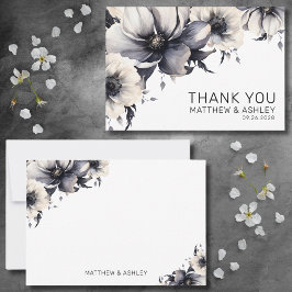 Modern Elegant Boho Black White Blommigt Bröllop Tack Kort