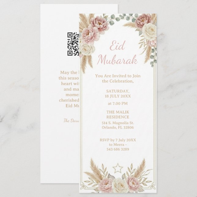 Modern Elegant Boho Blommig Eid Mubarak Digital Inbjudningar (Fram/baksida)