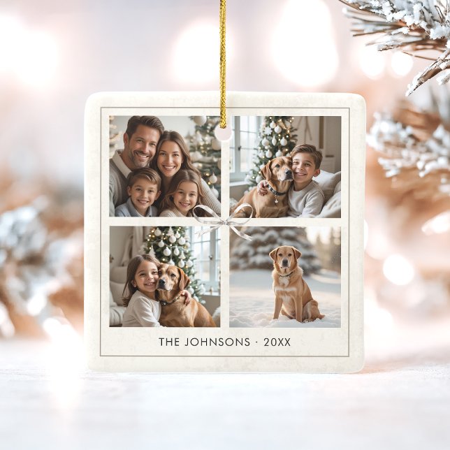 Modern Elegant Boho-julfamiljen Photo Collage Julgransprydnad Keramik (Elegant boho 4 photo collage ceramic holiday ornament)