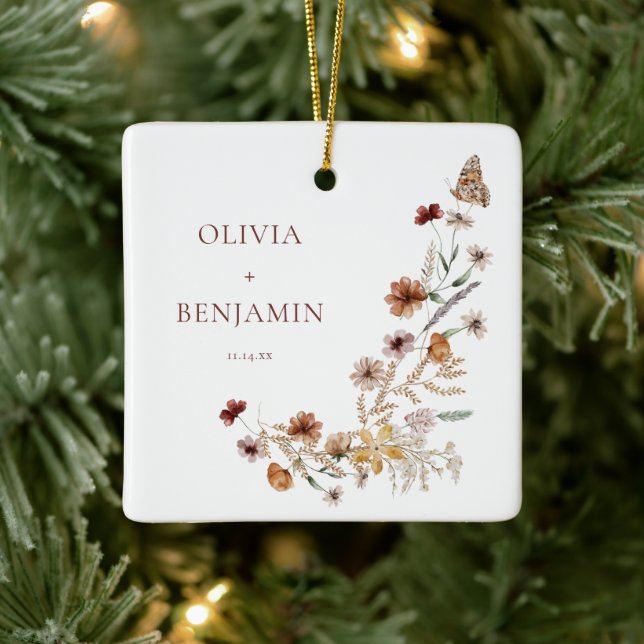 Modern Elegant Boho Natur Vilda Blommor Bröllop  Julgransprydnad Keramik (Träd)
