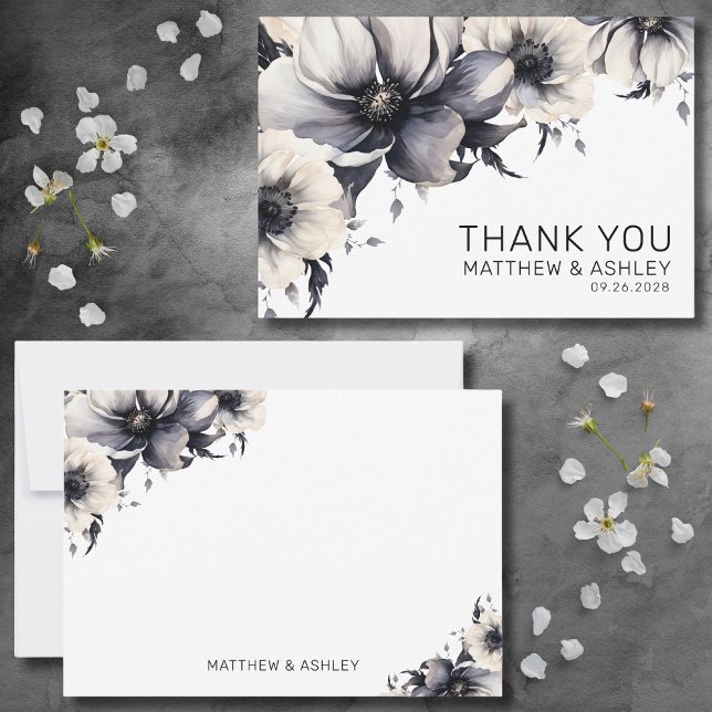Modern Elegant Boho Svart Vit Blommig Bröllop Tack Kort (Modern Elegant Floral Boho Black White Wedding Thank You Card)