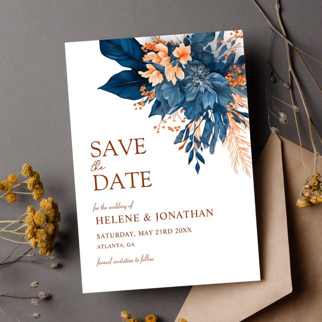 Modern Elegant botaniskt indigo Garden Wedding Spara Datumet (Modern Elegant Botanical Indigo Garden Wedding Save The Date)