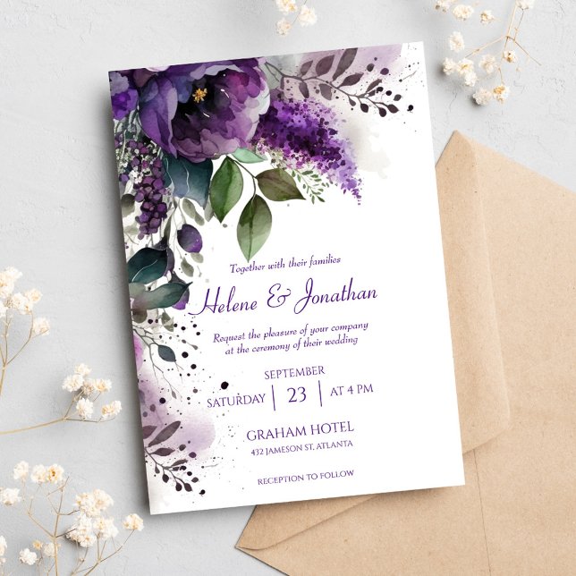 Modern Elegant Botaniskt Lila Blommigt Bröllop Inbjudningar (Modern Elegant Botanical Purple Floral Wedding Invitation)