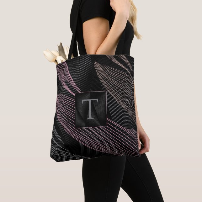 Modern Elegant Botaniskt Linjer Rosa Grått Black Tygkasse (Närbild)