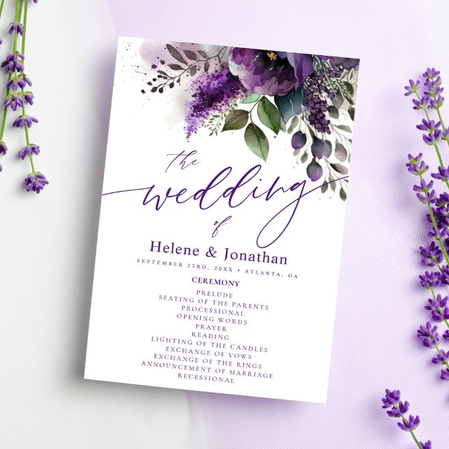 Modern Elegant Botaniskt vattenfärgsfärgad Blommig Program (Modern Elegant Botanical Watercolor Floral Wedding Program)