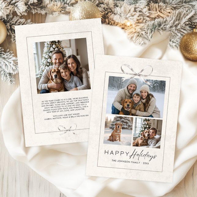 Modern Elegant Bow Family Photo Collage Lycklig Julkort (Elegant modern boho style photo collage holiday card in a neutral palette with coquette bow)