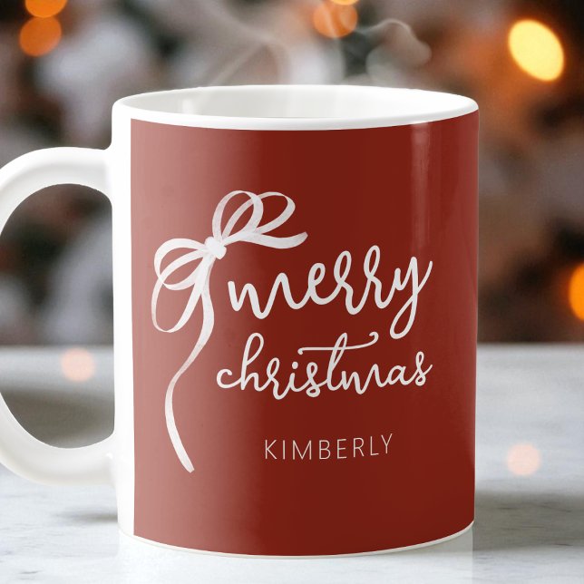 Modern Elegant Bow Red God jul Kaffemugg (Modern Script Elegant Bow Red Merry Christmas Coffee Mug)