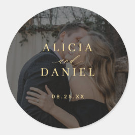 Modern elegant bride groom name date photo wedding runt klistermärke