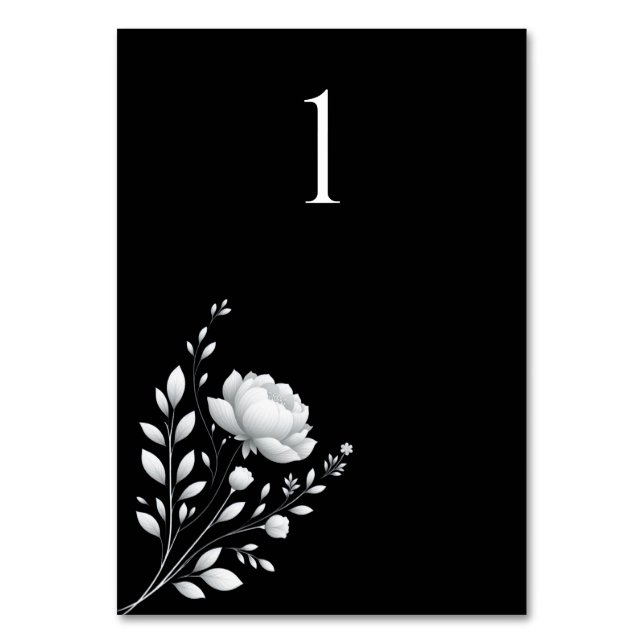 Modern Elegant bröllop Black and White Flowers Bordsnummer (Framsidan)