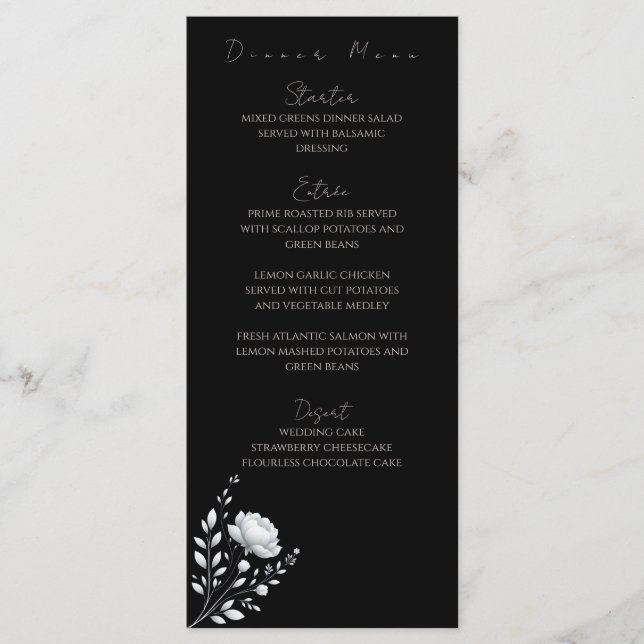 Modern Elegant bröllop Black and White-Flowers Meny (Framsida)