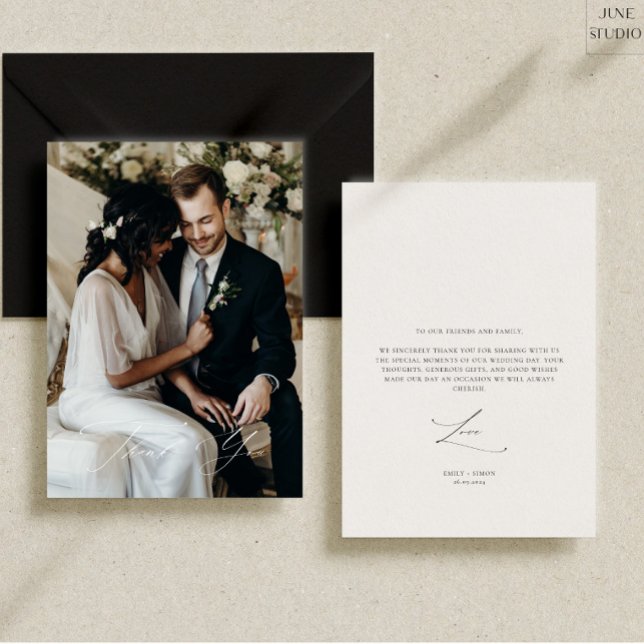 Modern Elegant bröllop-fototackkort Tack Kort (simple photo wedding thank you cad, moden elegant calligaphy wedding photo, simple moden)