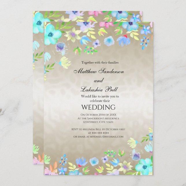 Modern Elegant bröllop med skalblommor Inbjudningar (Fram/baksida)