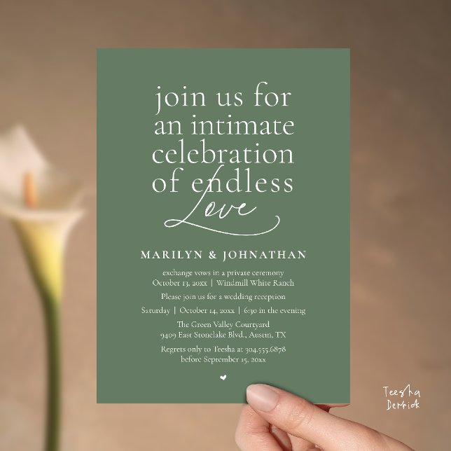 Modern Elegant Bröllop, Oändlig Kärlek, Mottagning Inbjudningar (Modern Elegant Wedding, Endless Love, Reception Dinner Invitation Card in Sage Green)