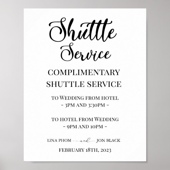 Modern Elegant Bröllops Shuttle Service Skylt (Framsidan)